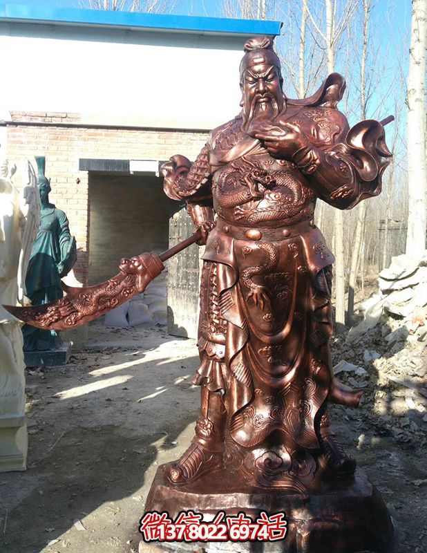 玻璃鋼仿銅景觀關公雕塑，大型戶外景區裝飾