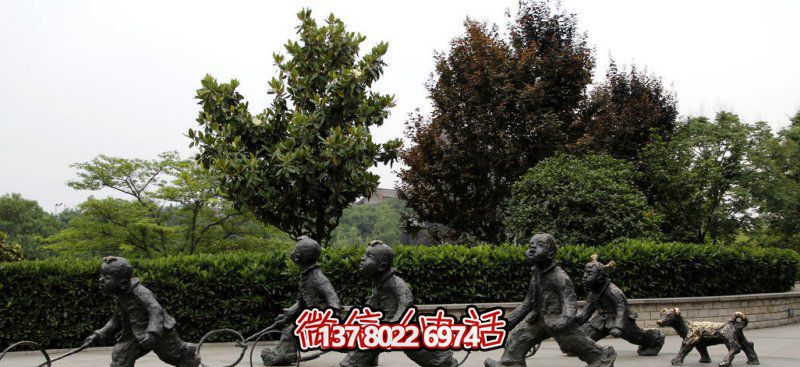 推鐵環，兒童奔跑，公園雕塑銅雕