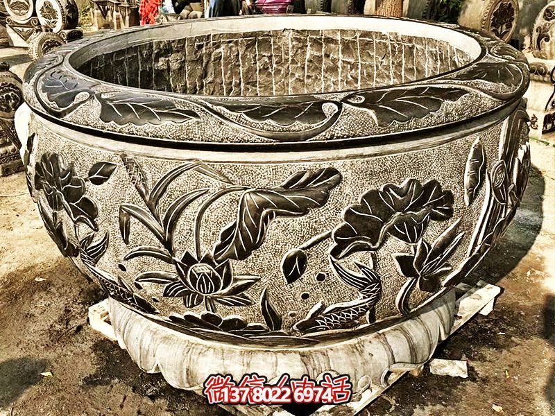 精美大理石浮雕蓮花缸，現(xiàn)代庭院裝飾雕塑