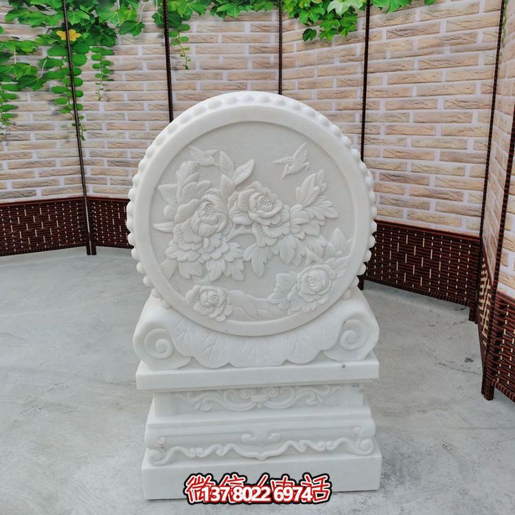 中式風格天然漢白玉石雕抱鼓浮雕門墩，花開富貴