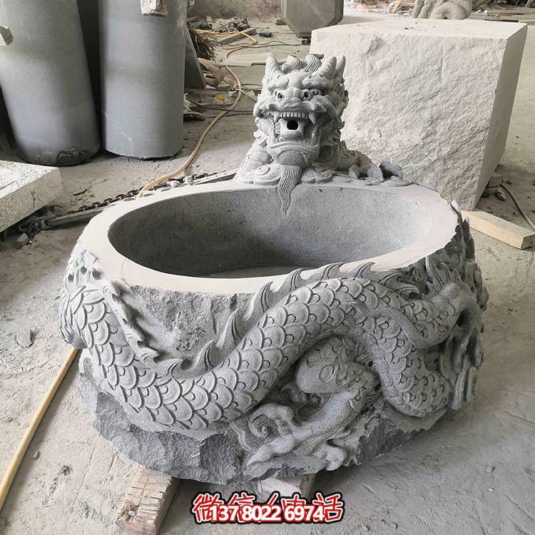 仿古石缸水缸青石龍形浮雕雕塑，為您的庭院增添一抹古樸