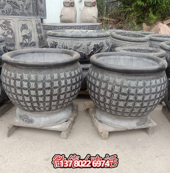 自然美學(xué)結(jié)合青石石雕、浮雕、編織、雕塑的戶外園林魚缸