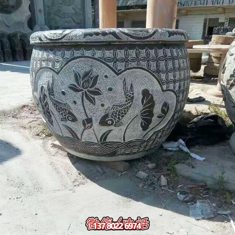 青石雙魚蓮花雕塑,養花缸精美裝飾 青石雙魚蓮花雕塑,養花缸精美裝飾