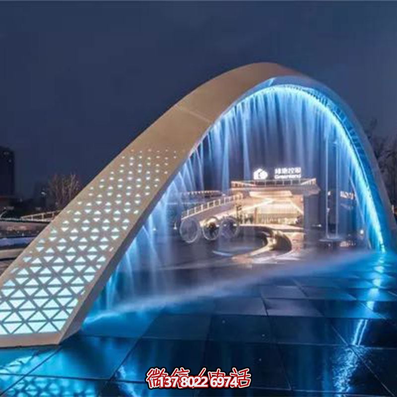 大型不銹鋼鏤空拱門雕塑燈光霧化裝置 大型不銹鋼鏤空拱門雕塑燈光霧化裝置