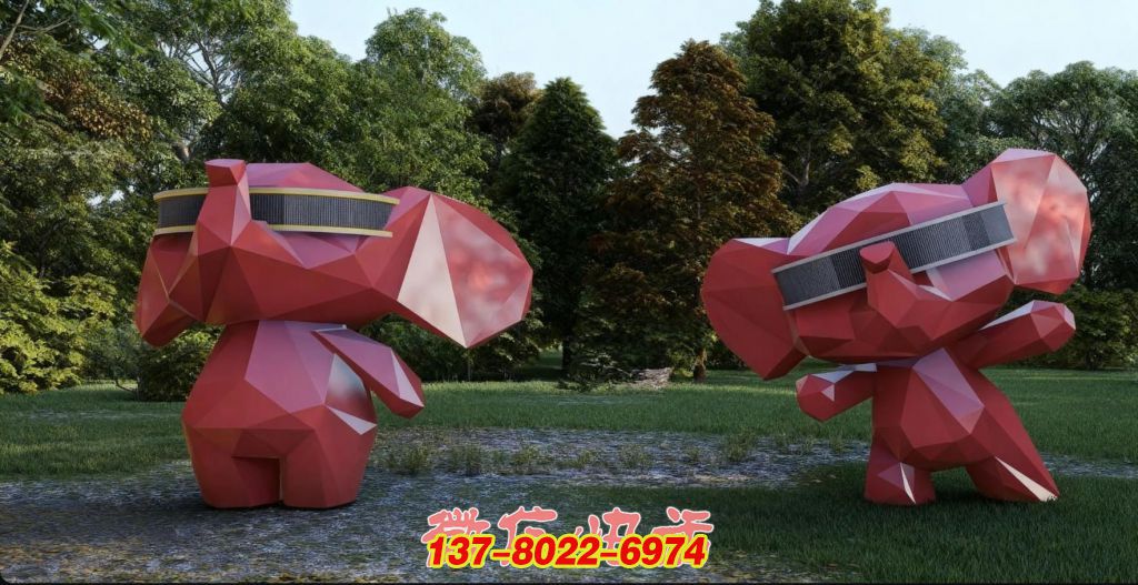 林間趣遇：不銹鋼卡通紅象的景觀歡樂劇場